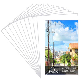 Prudiut 11x17 white mats with 9x15 inner opening for clean photo display.