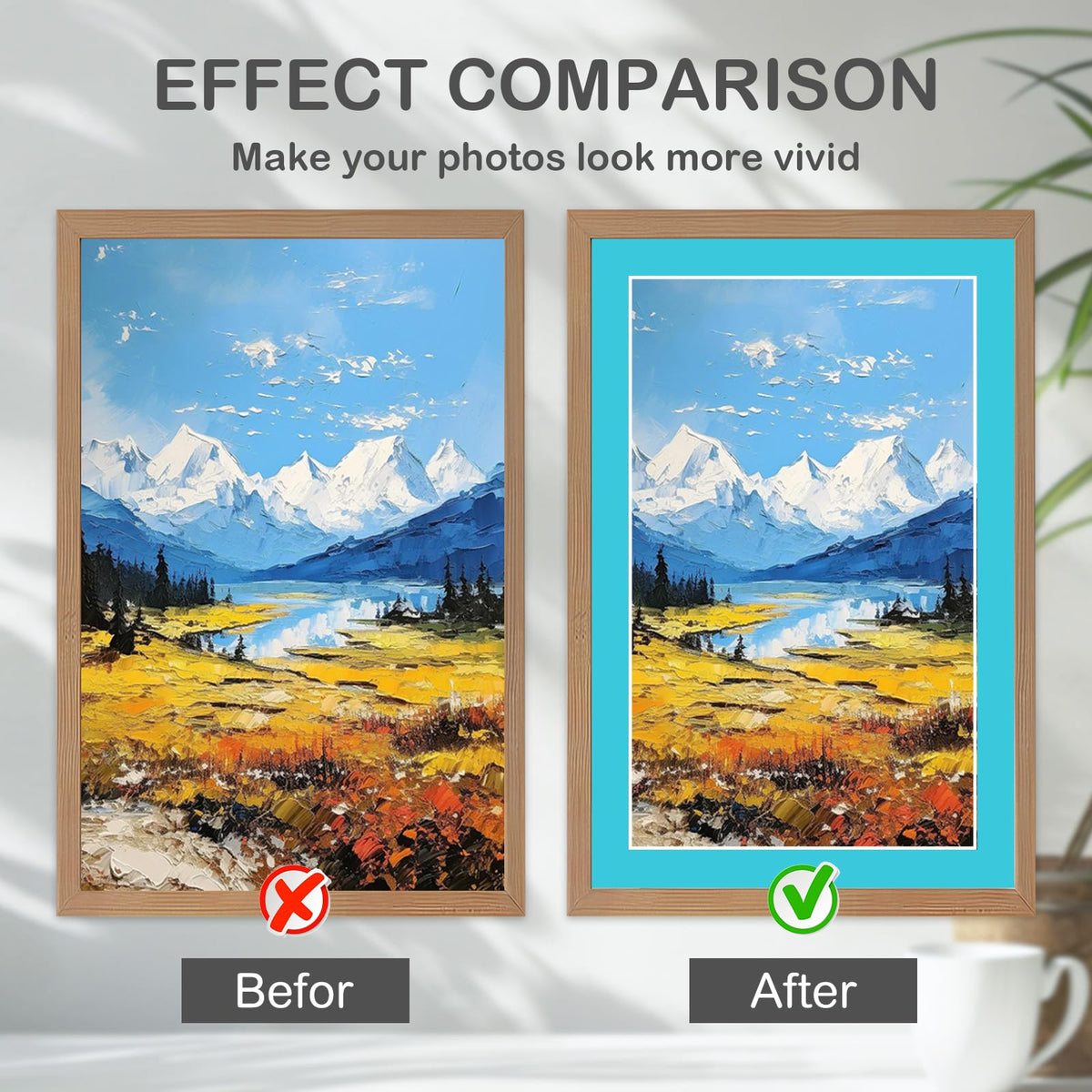 Prudiut mixed colors mat pack displayed with 9x15 photos for versatile framing.