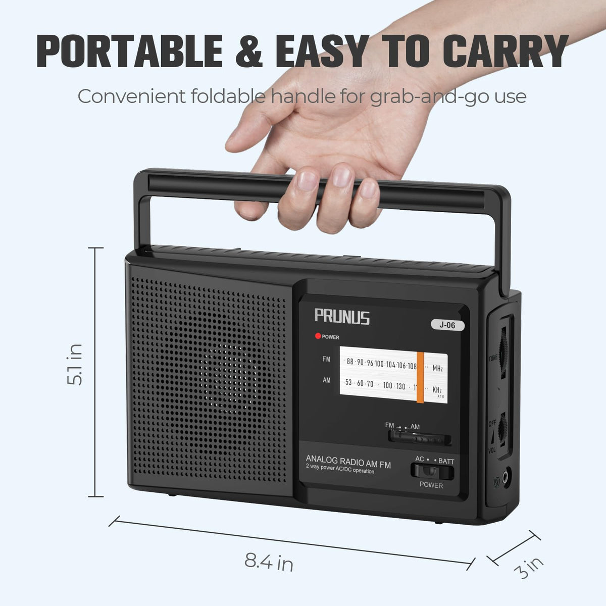 PRUNUS 06 analog radio AC plug and battery option for versatile power