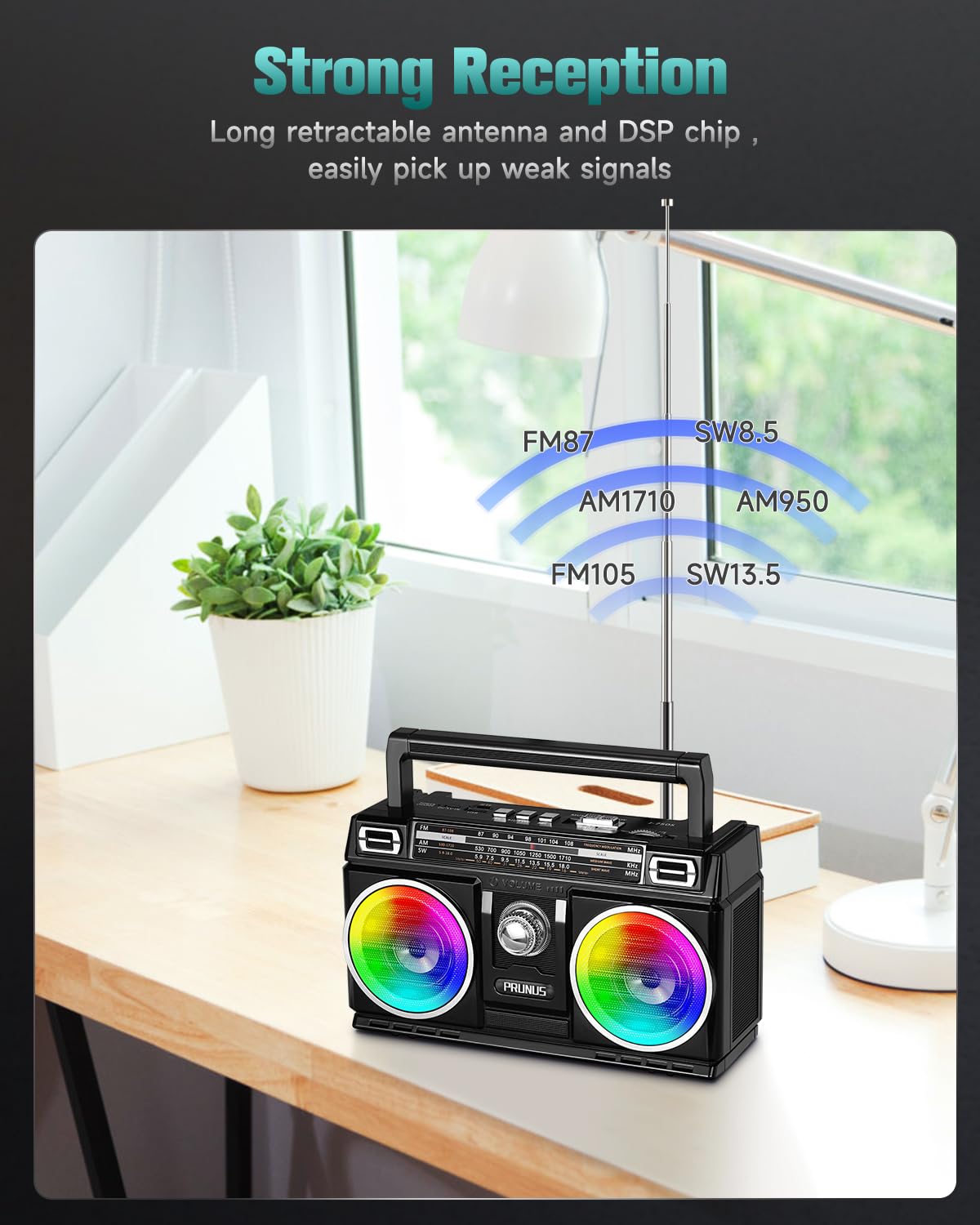 PRUNUS 750 enhances reception for FM/AM/shortwave with a long antenna.