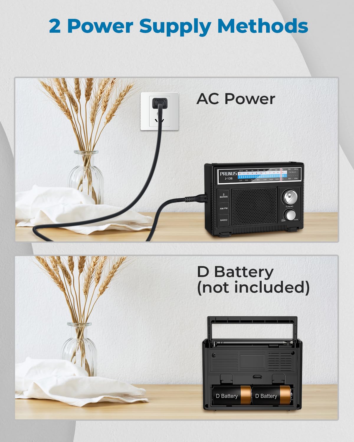PRUNUS J-136 AM/FM band display highlighting broad station options