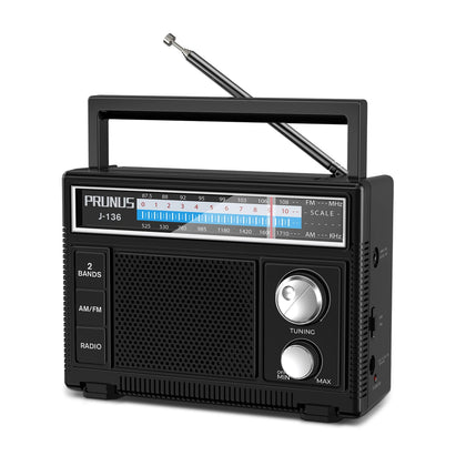 PRUNUS J-136 portable radio front view showing a compact, easy-to-use dial