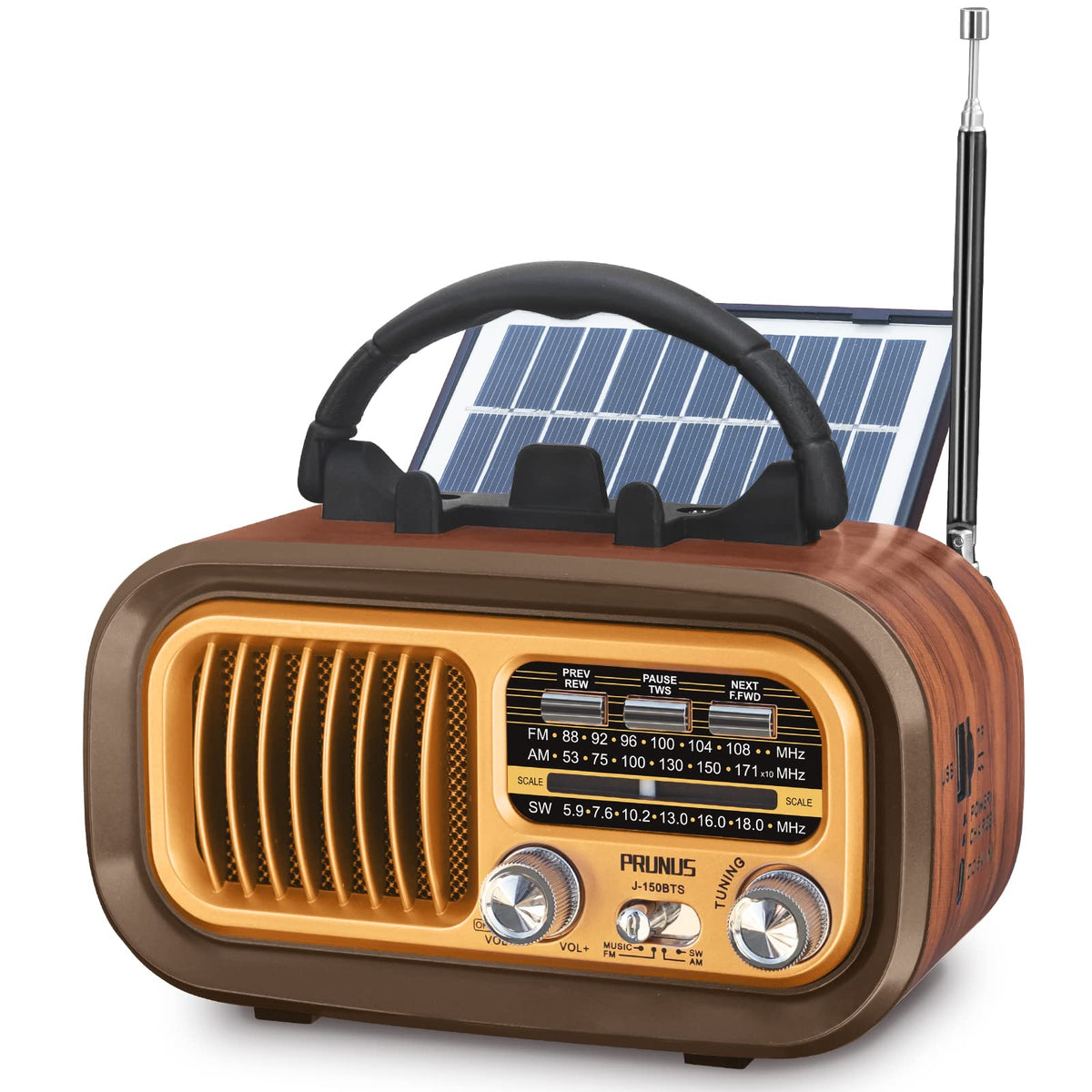 PRUNUS J-150 front view with vintage faux wood finish and easy-to-use dial controls.