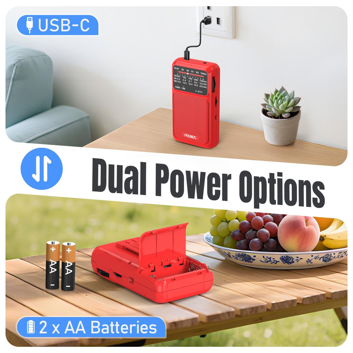 PRUNUS J-211 easy-use knobs simplify tuning and volume control for quick station access.