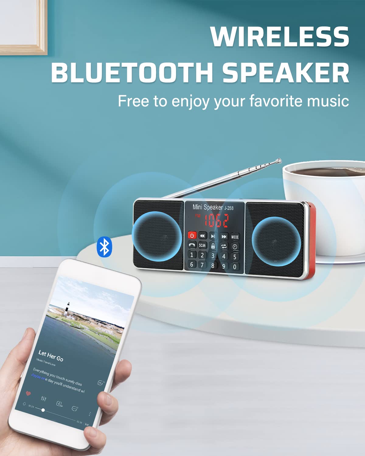 PRUNUS J-288 compact desk radio fits small spaces with rich stereo sound.