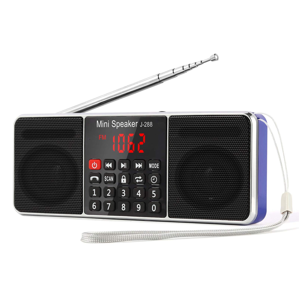PRUNUS J-288 portable radio front view highlighting compact design and strong reception.