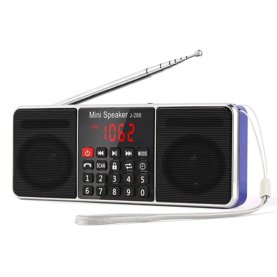 PRUNUS J-288 portable radio front view highlighting compact design and strong reception.