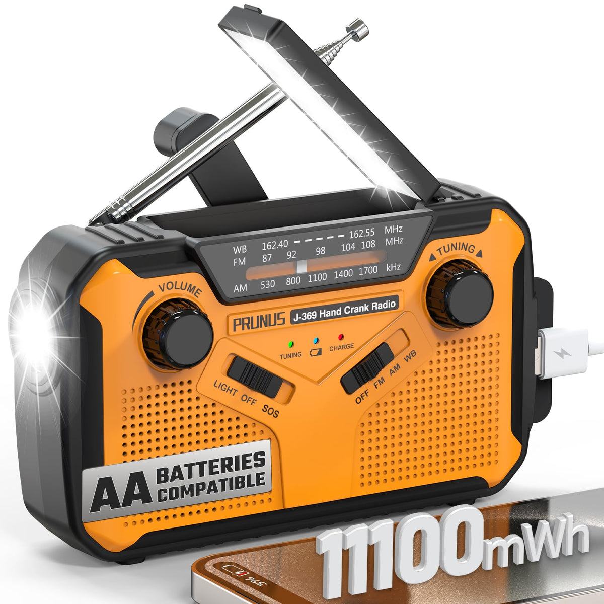 PRUNUS J-369 emergency radio front view with LED light for night use