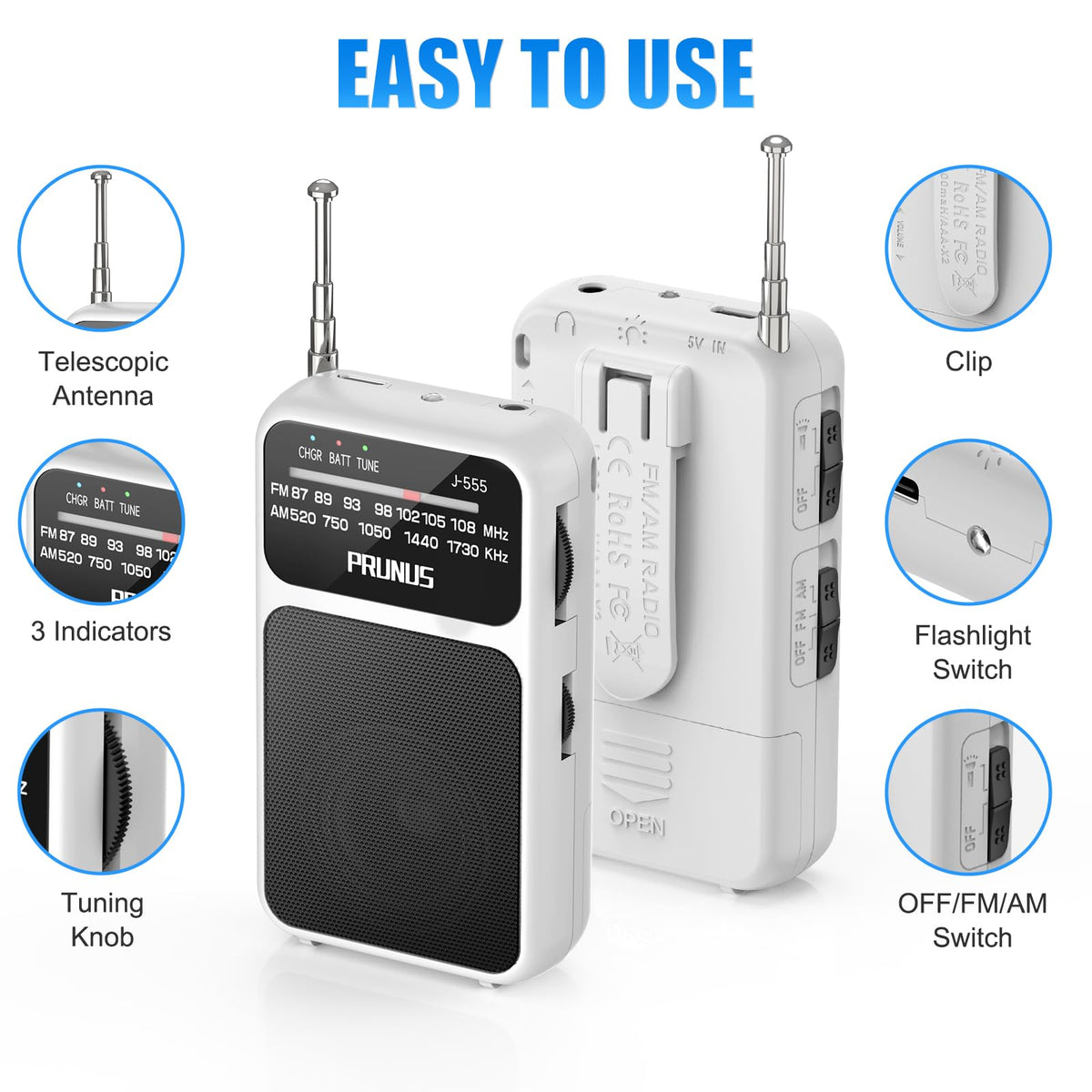 PRUNUS J-555 pocket radio AAA battery mode ready for outdoor adventures.