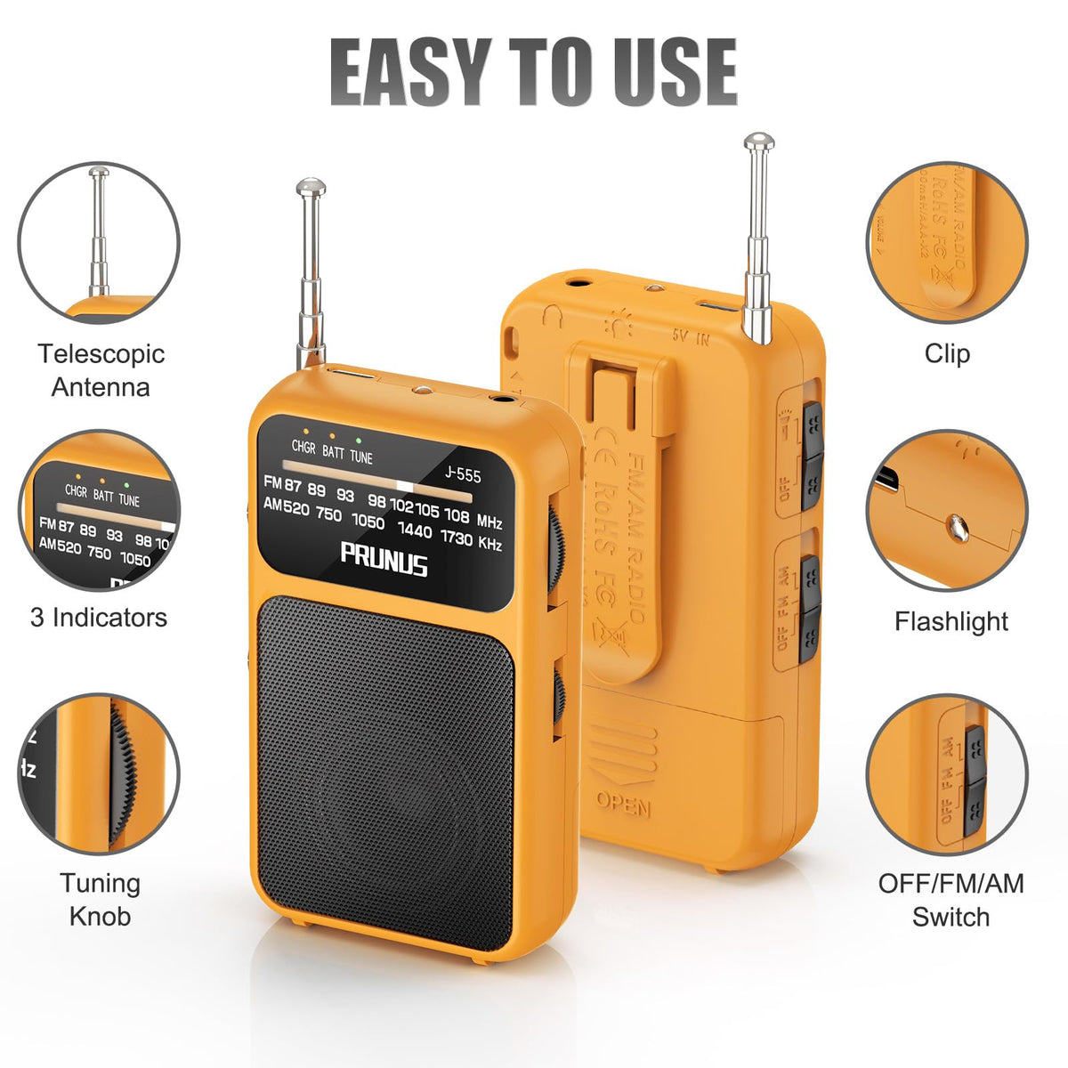 PRUNUS J-555 supports AAA battery mode for extended outdoor use.
