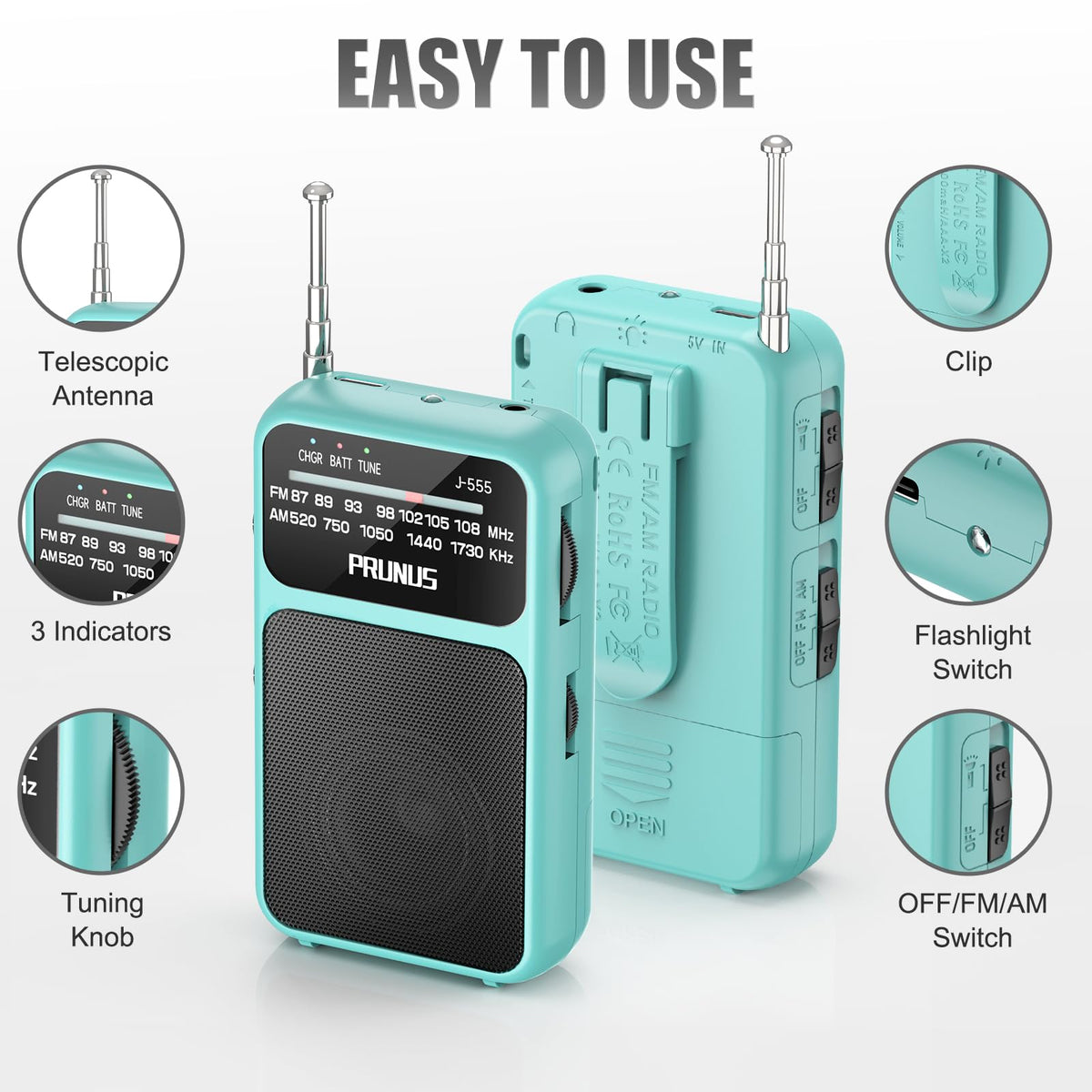 PRUNUS J-555 pocket radio built-in magnetic speaker delivers clear audio