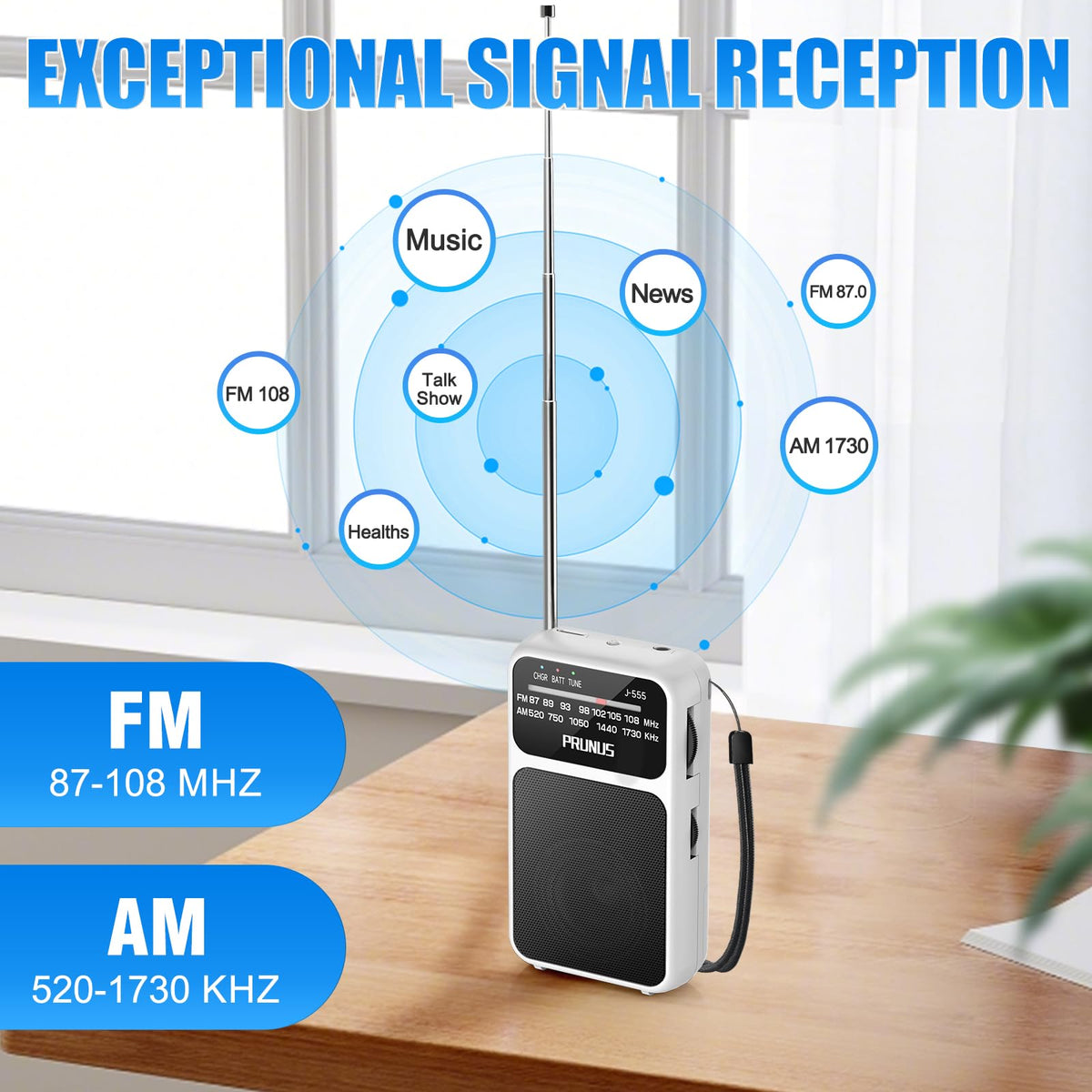 PRUNUS J-555 pocket radio DSP antenna delivering stable FM/AM reception.