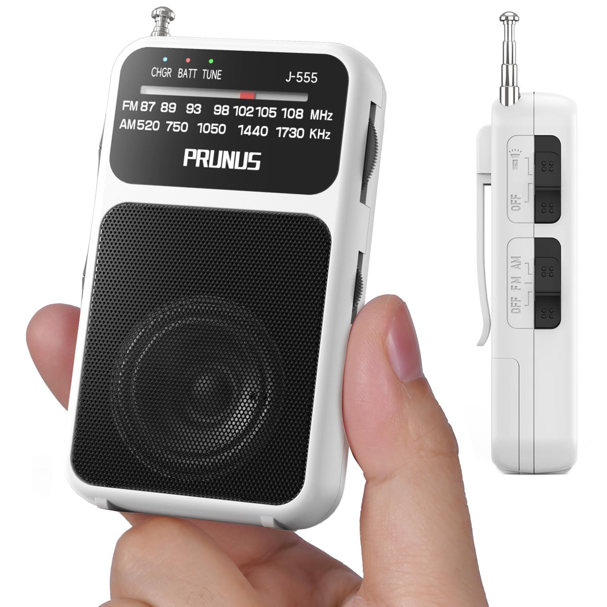 PRUNUS J-555 pocket radio front view showing easy tuning and clear speaker.