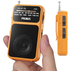 PRUNUS J-555 pocket radio front view showing compact portability for outdoor listening.