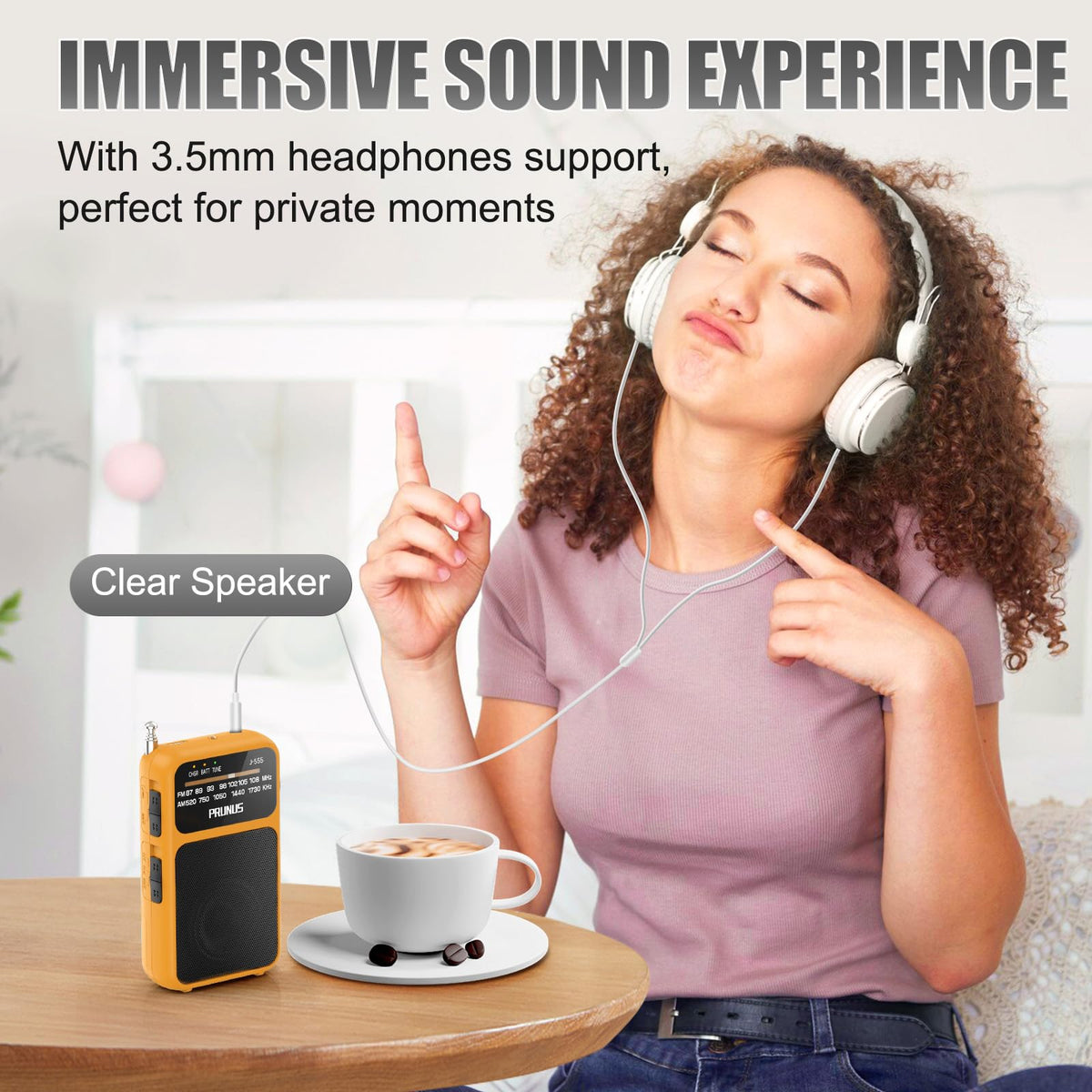 PRUNUS J-555 includes headphone jack for private listening sessions.