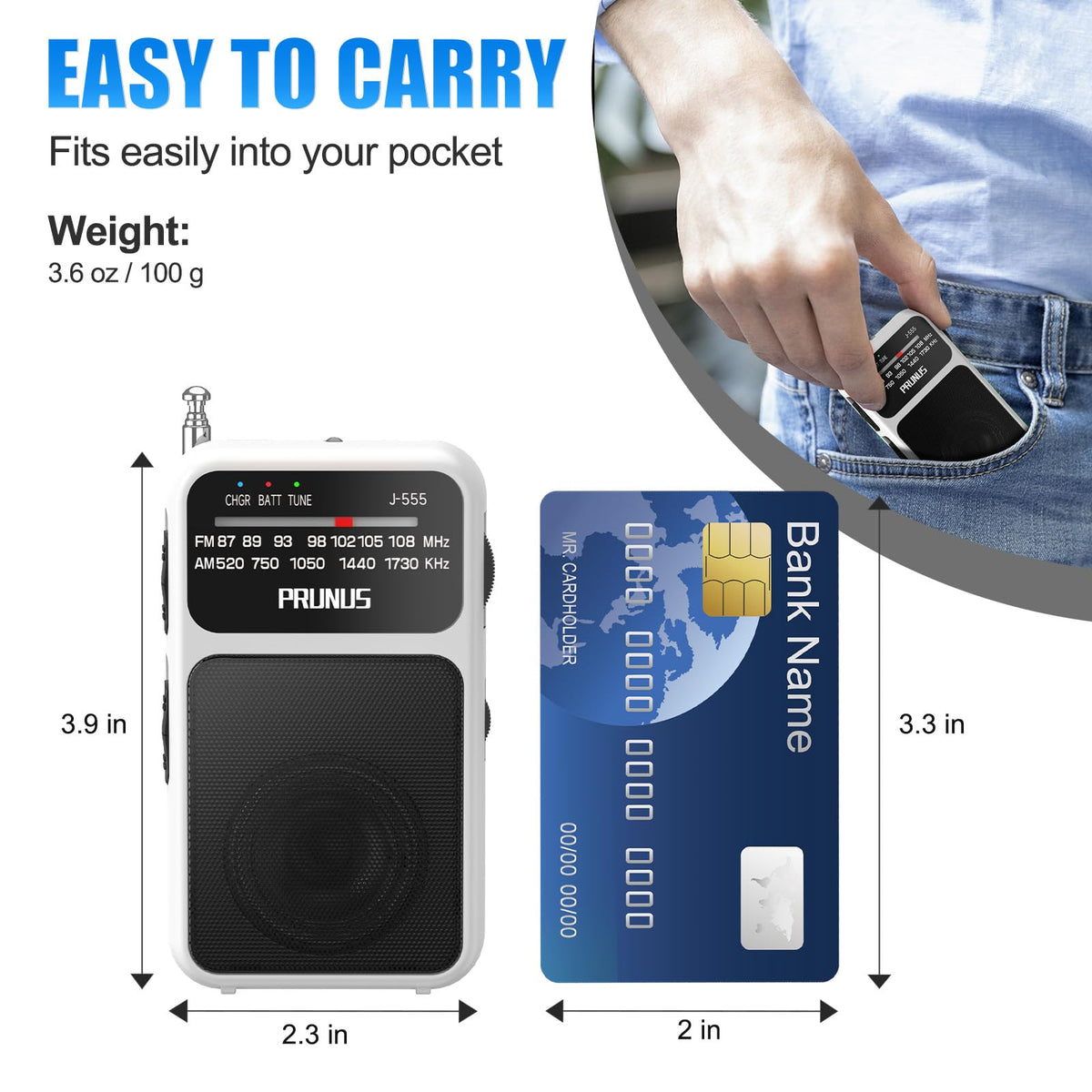 PRUNUS J-555 pocket radio USB-C charging port for convenient recharge on the go.