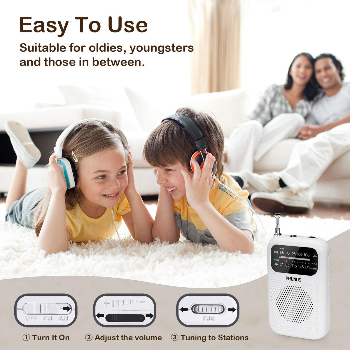 PRUNUS J-777 pocket radio with extended antenna highlighting strong AM/FM reception