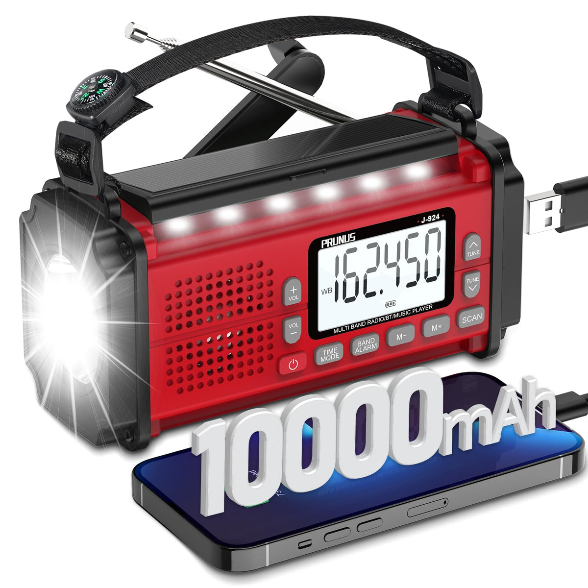 PRUNUS J-924 emergency radio with hand crank powers devices during outages.