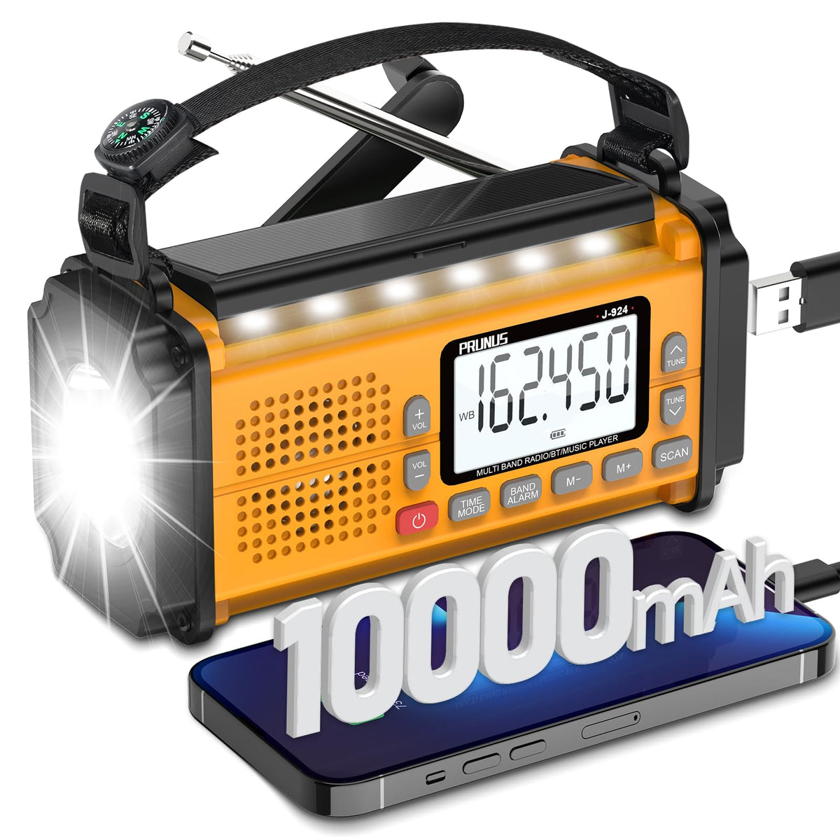 PRUNUS J-924 hand-crank emergency radio for outages and SOS signaling