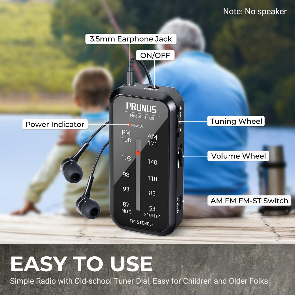 PRUNUS J-985 tuner dial detail highlighting large numbers for easy manual station selection