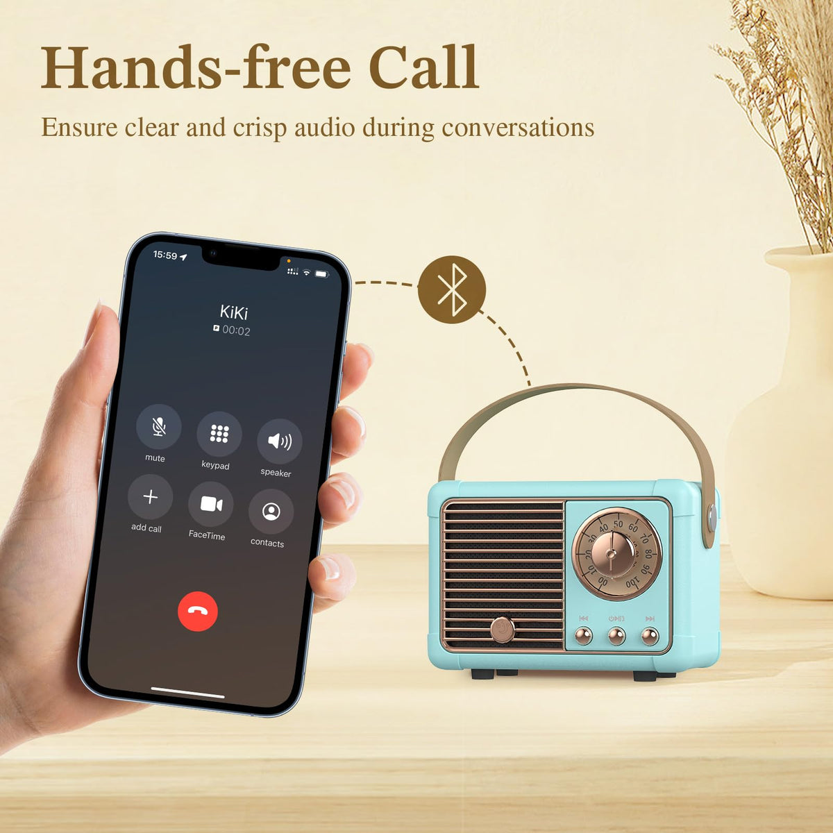 PRUNUS J-999 on desk showing compact footprint and convenient hands-free calls