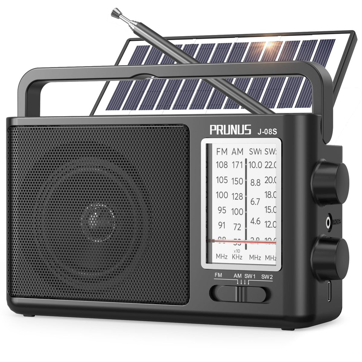PRUNUS J08 solar panel powering the radio for emergencies and outdoor use