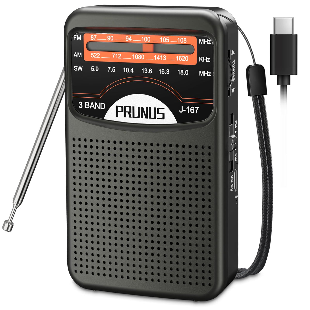 PRUNUS J-167 front view showing controls and speaker for easy operation