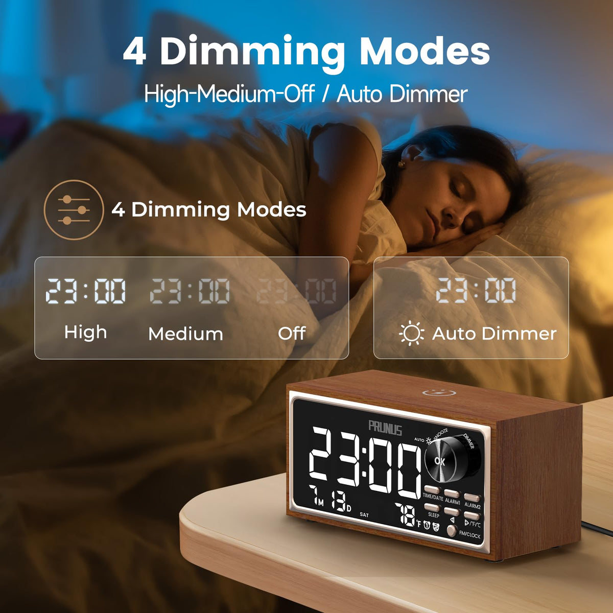 PRUNUS J-177 on nightstand beside bed demonstrating bedside organization and charging usefulness