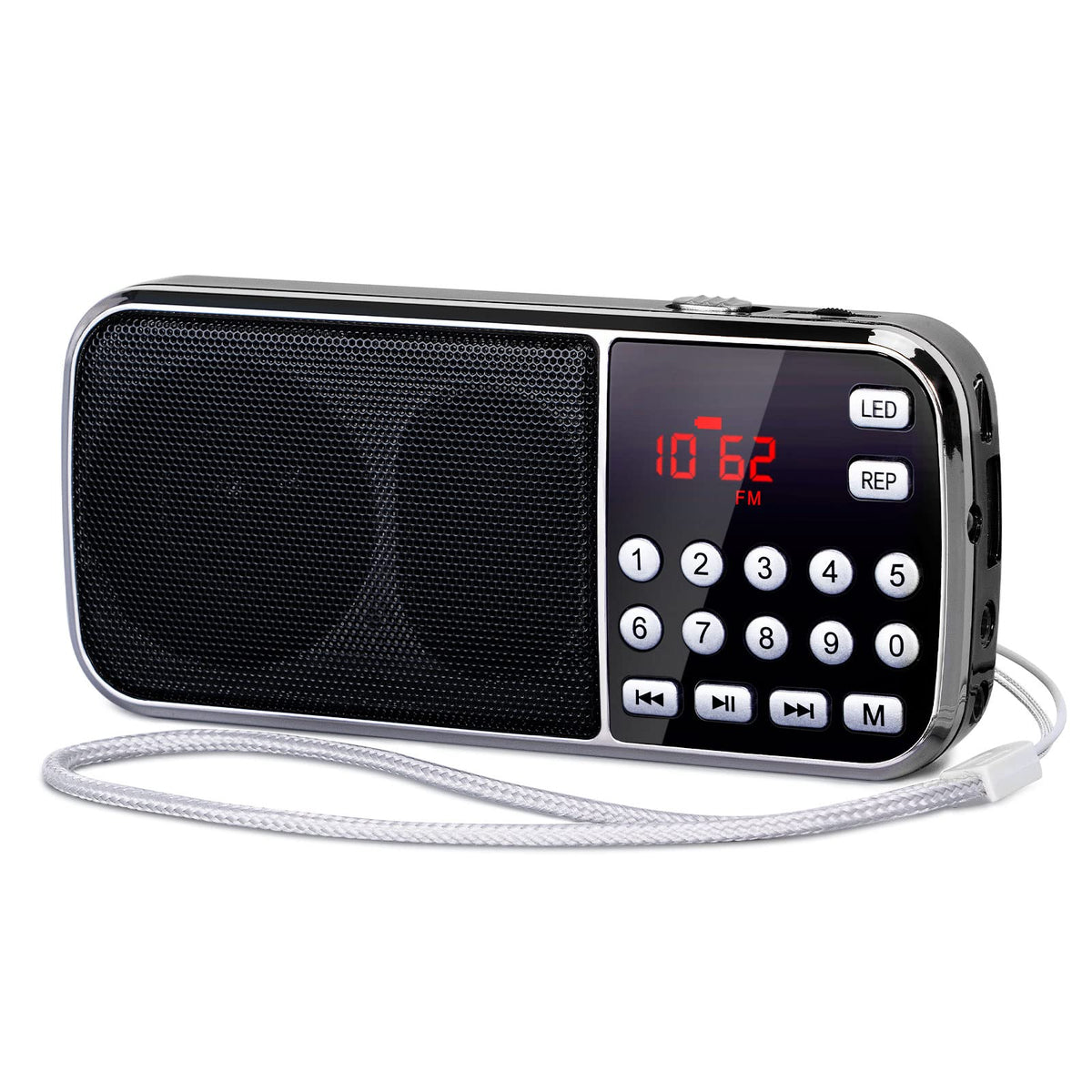 PRUNUS J-189 radio front view highlighting compact design and dual speakers for rich sound