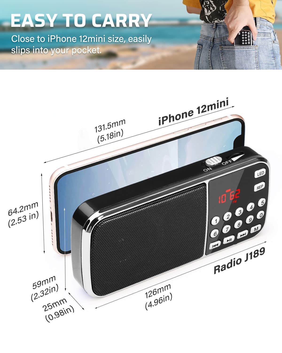 PRUNUS J-189 radio side view showing lightweight portability and strap