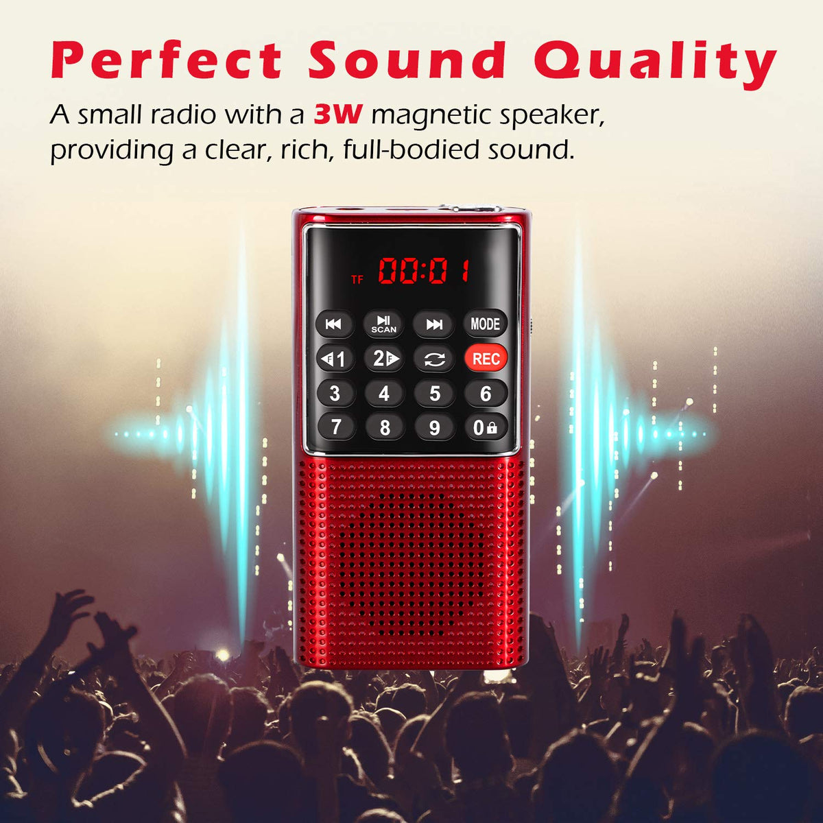 PRUNUS J-328 TF/MP3 recorder mode for saving favorites on the go.