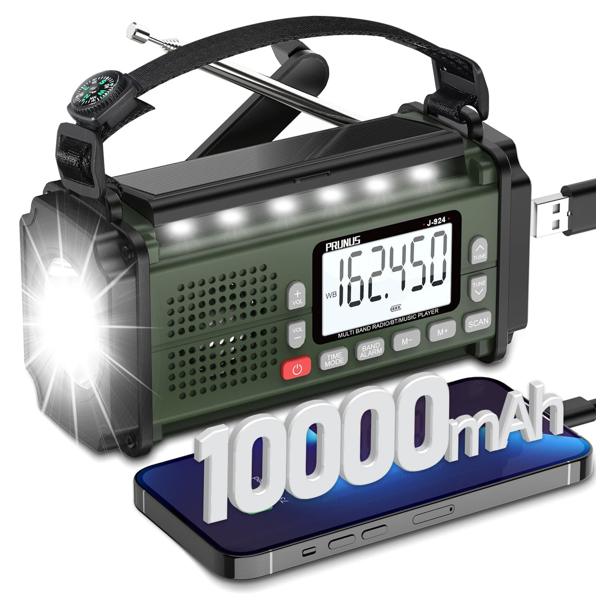 PRUNUS J-924 emergency radio front view with multi-band display for preparedness