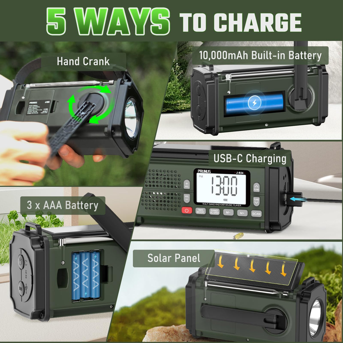 PRUNUS J-924 hand crank and solar panel ready for off-grid power