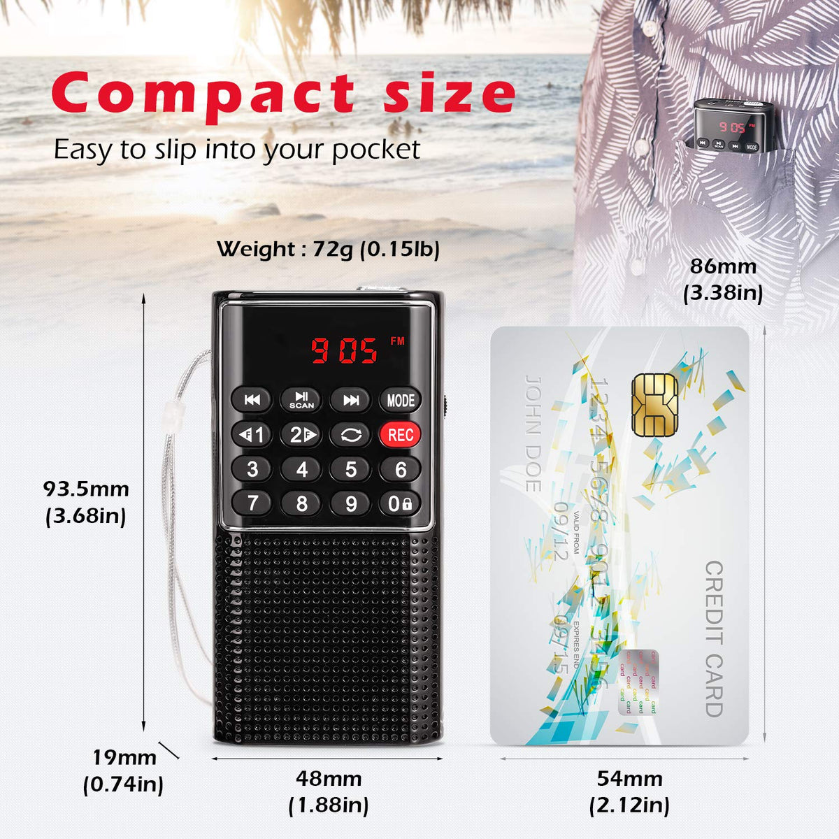 PRUNUS Mini Pocket FM Walkman compact design is ideal for travel and daily use.