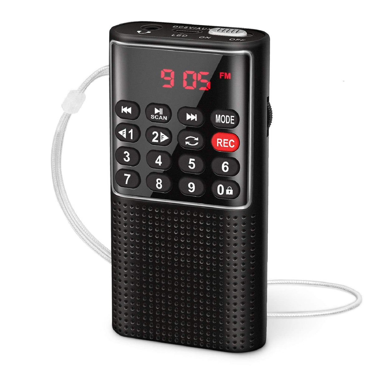 PRUNUS Mini Pocket FM Walkman front view shows compact design for on-the-go listening.