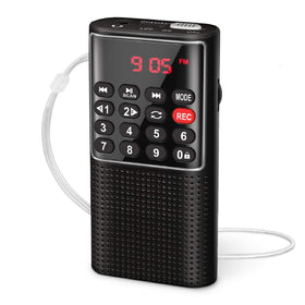 PRUNUS Mini Pocket FM Walkman front view shows compact design for on-the-go listening.