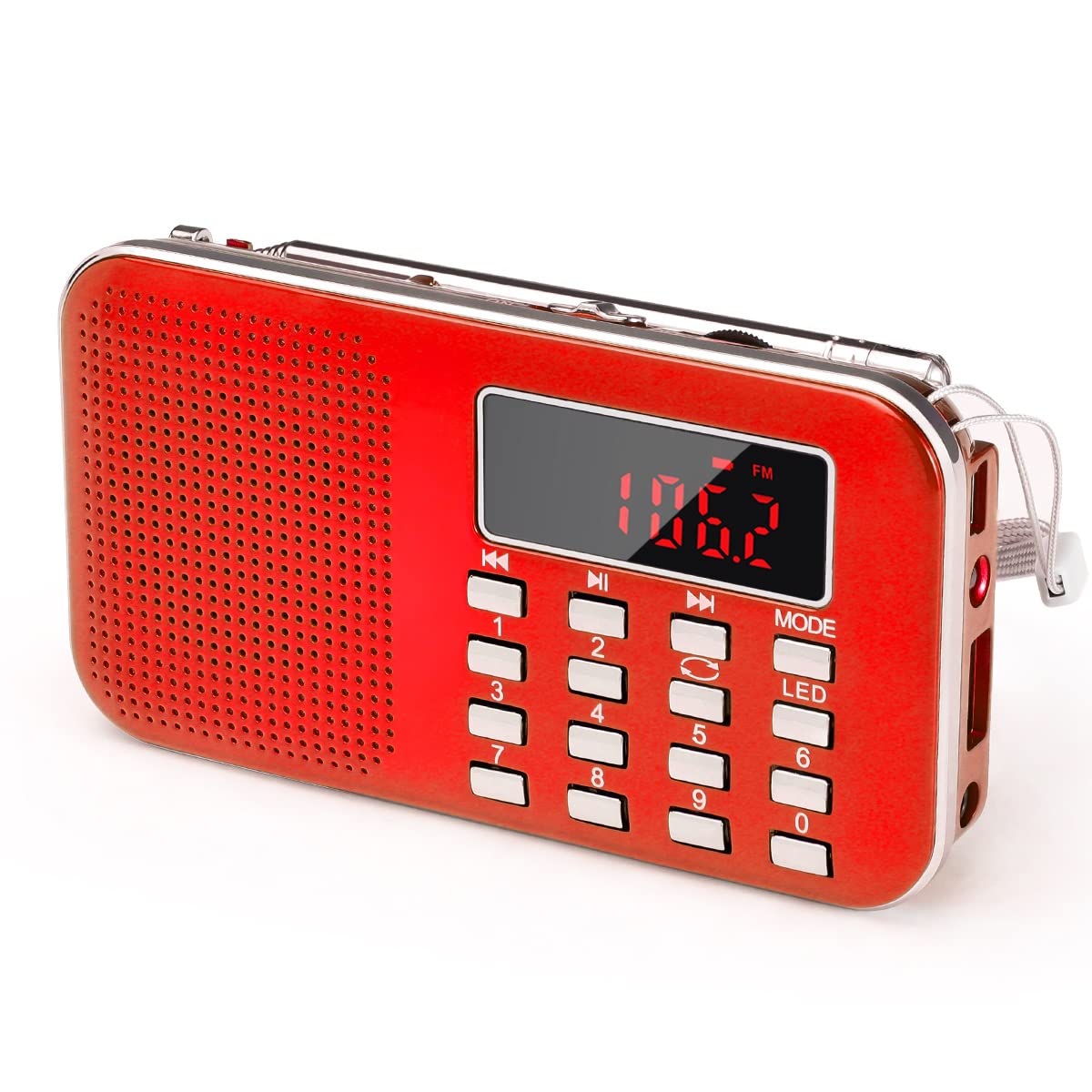 PRUNUS mini portable radio front view showing compact design for on-the-go listening