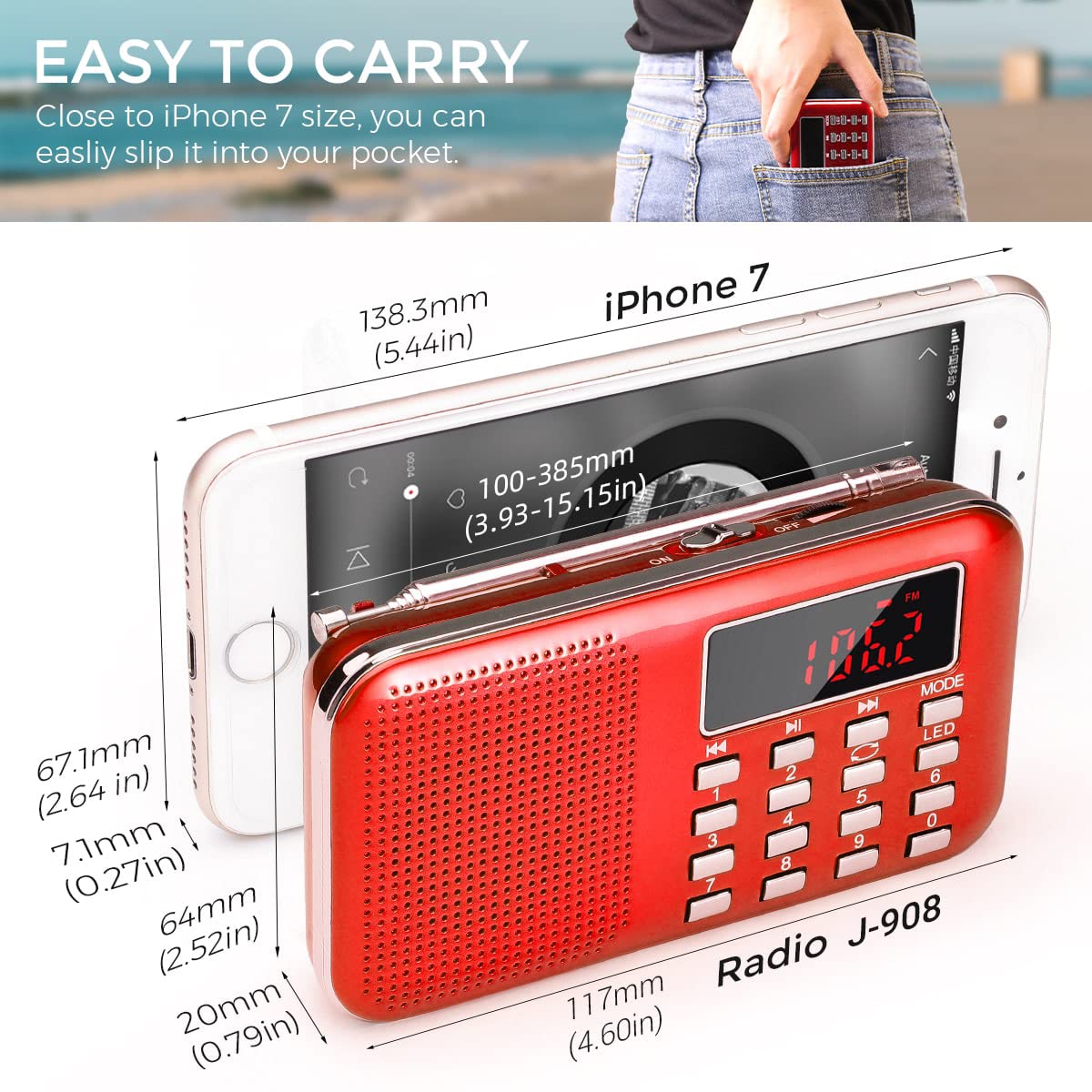 PRUNUS mini portable radio MP3 playback function for on-the-move music