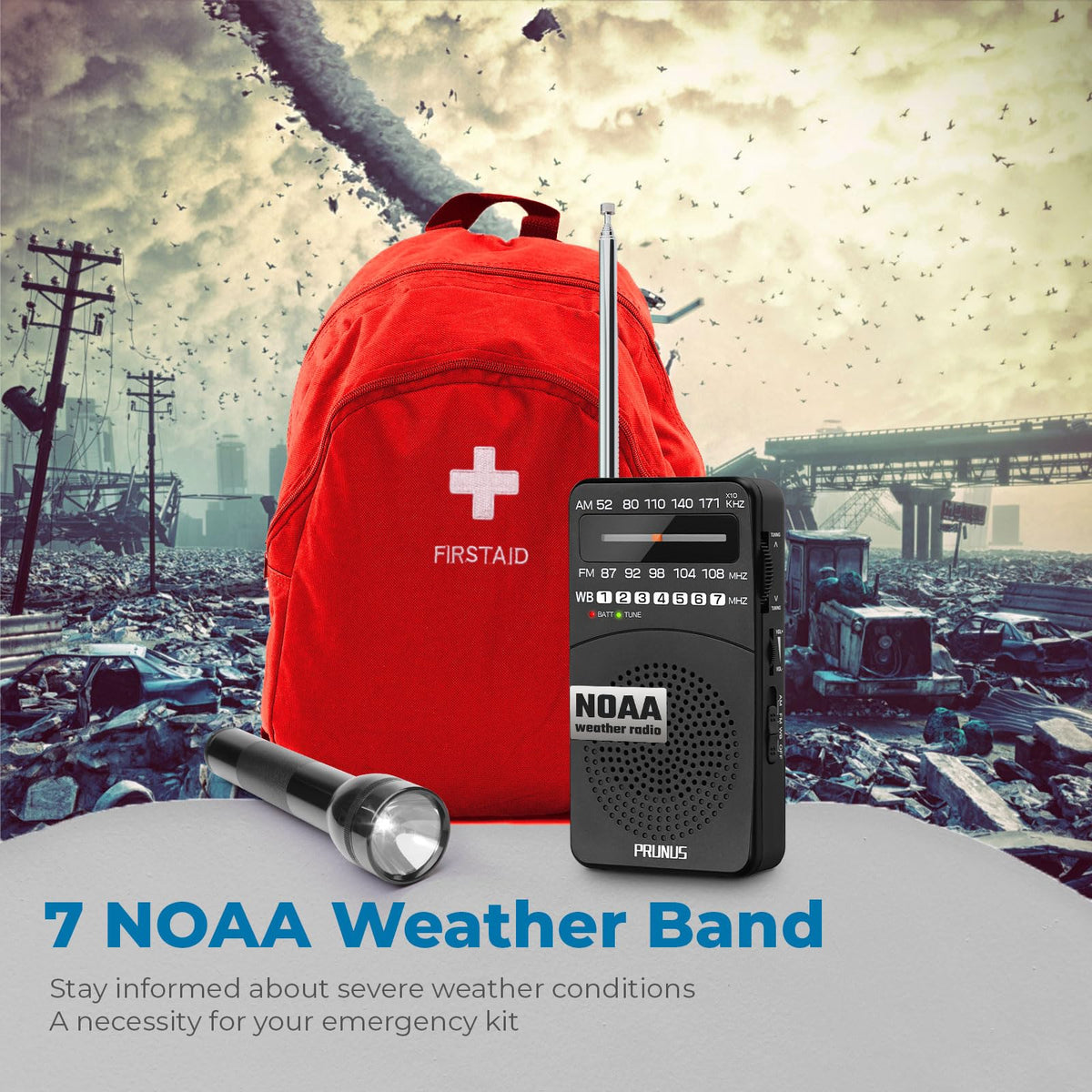 PRUNUS NOAA Weather Radio back clip highlighting clip and lanyard for portability