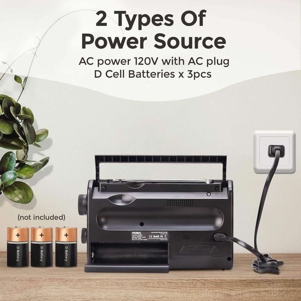PRUNUS NOAA Weather Radio powered by D batteries for long-lasting use during outages.