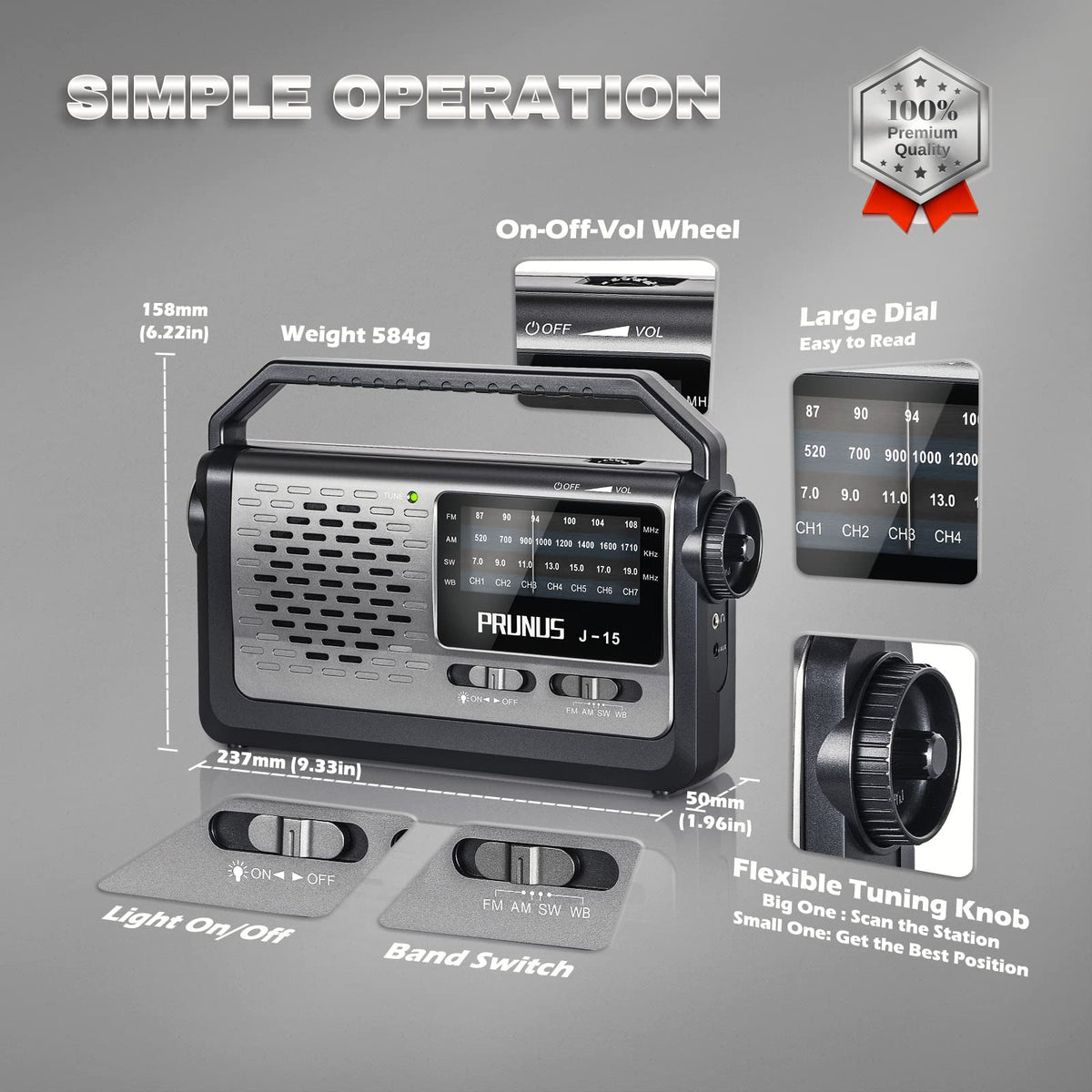 PRUNUS NOAA radio flashlight function lights up dark rooms