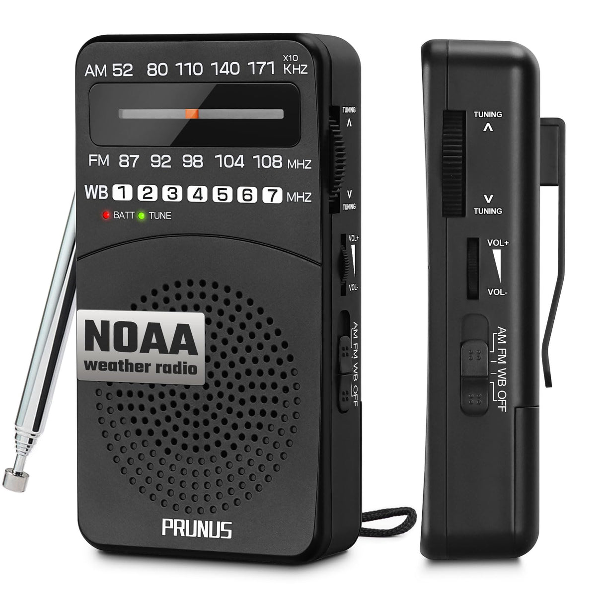 PRUNUS NOAA Weather Radio front view showing compact design for emergencies