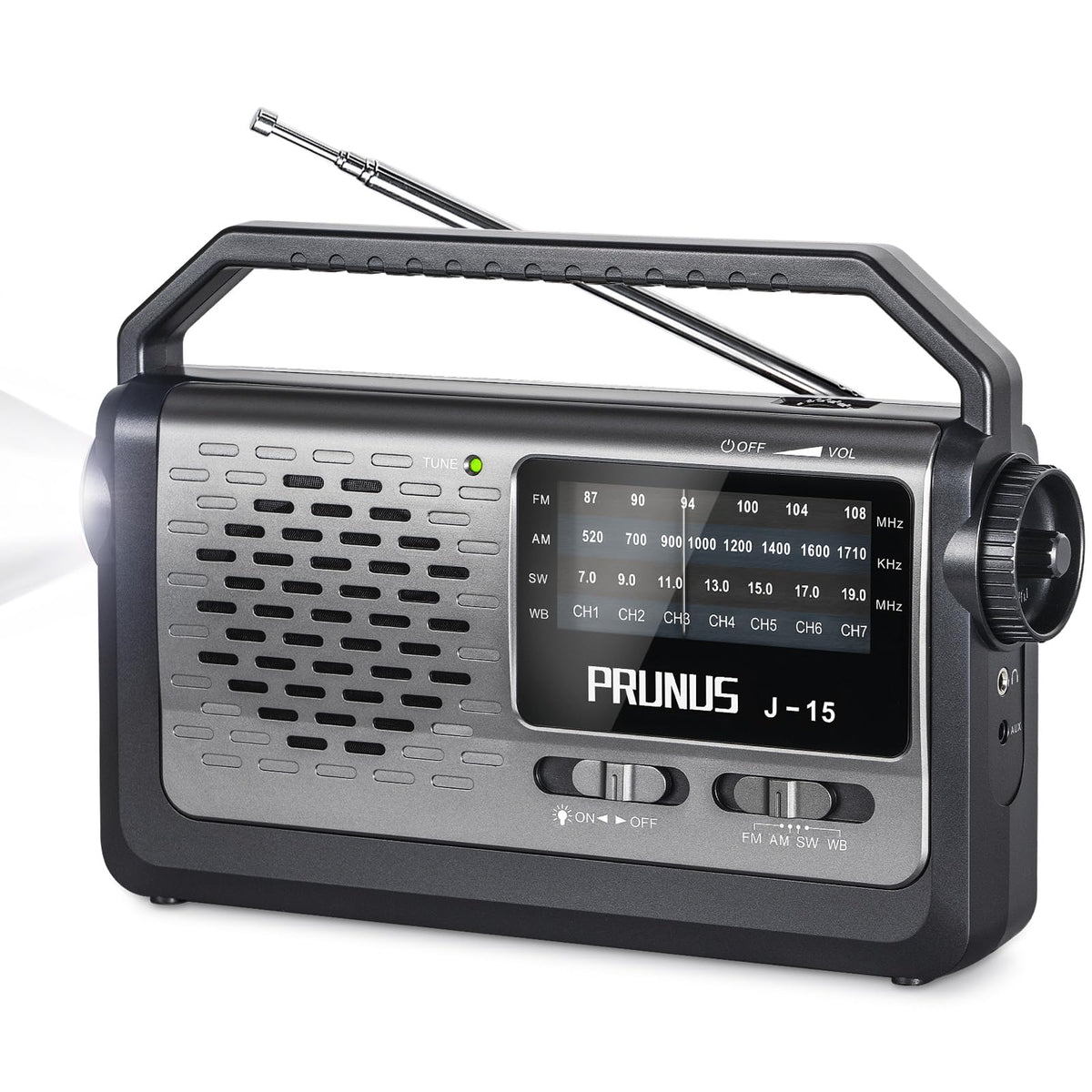 PRUNUS NOAA weather radio front view with strong reception and alerts