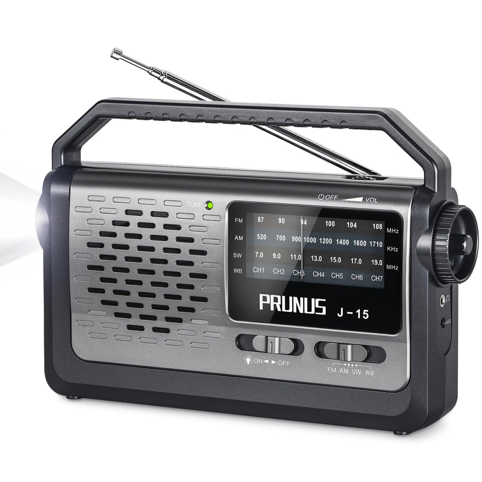PRUNUS NOAA weather radio front view with strong reception and alerts