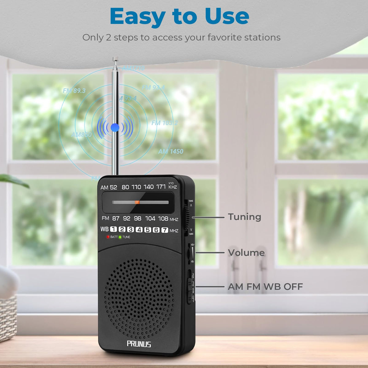 PRUNUS NOAA Weather Radio displaying NOAA bands for reliable weather updates