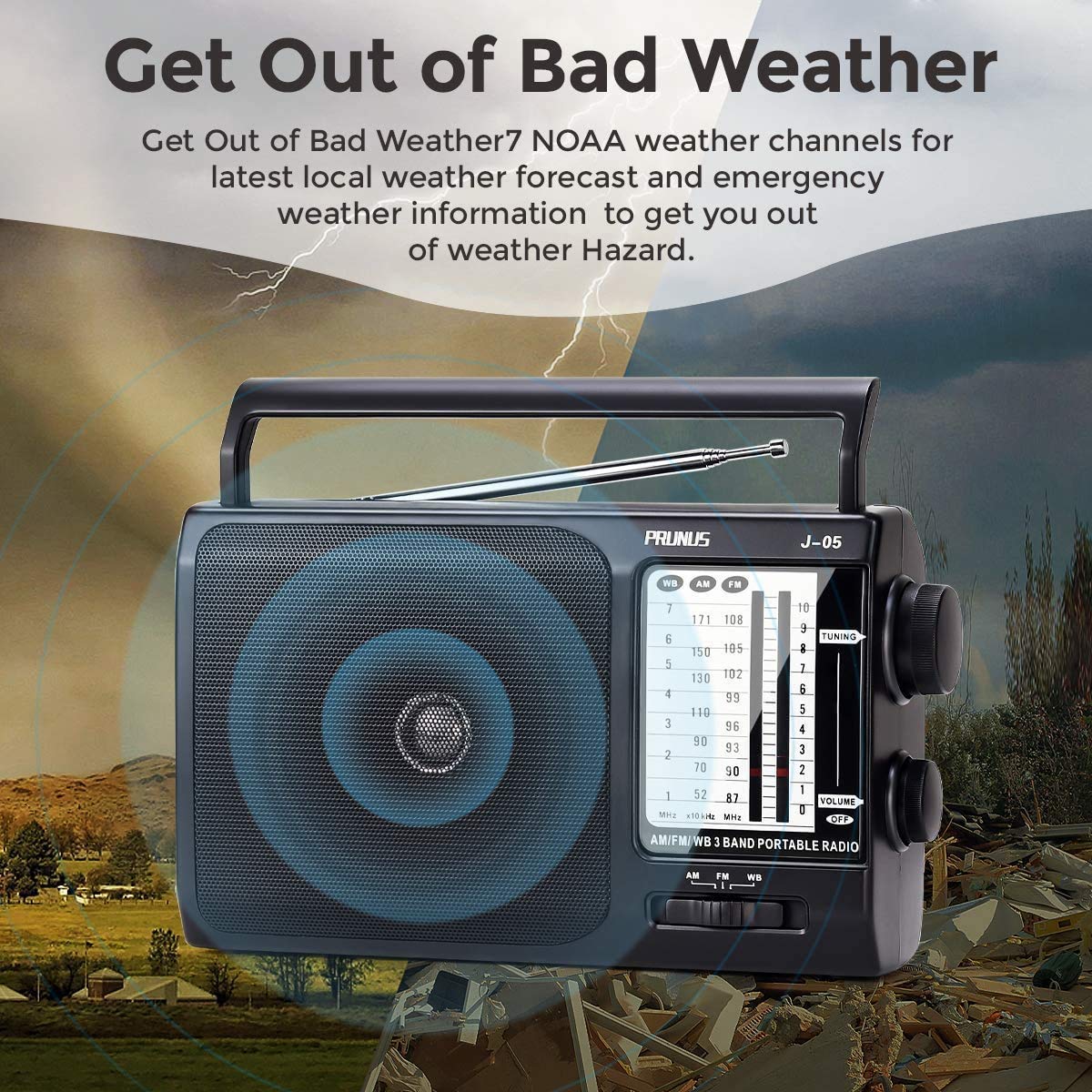 PRUNUS NOAA Weather Radio outdoors mode ready for travel and updates.