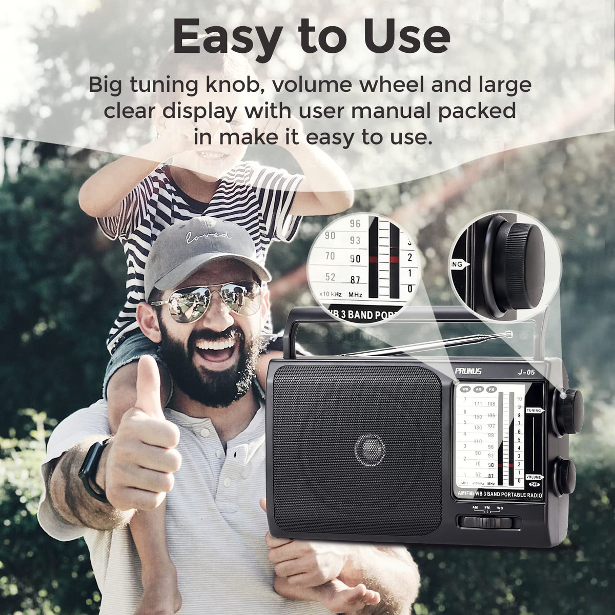 PRUNUS portable radio with large dial and handle for easy transport.