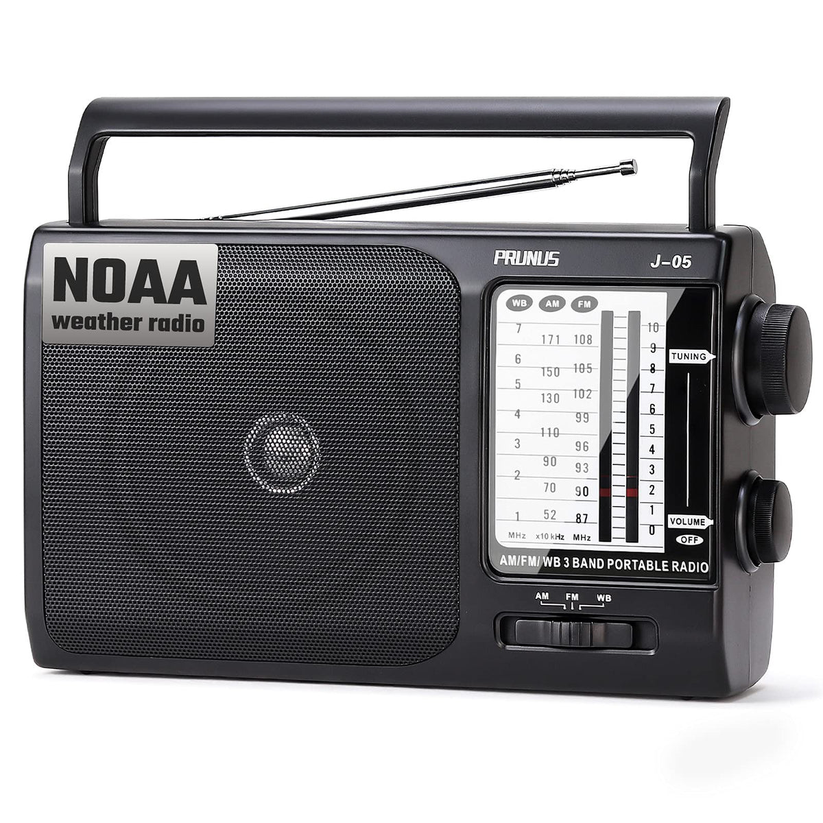 PRUNUS NOAA Weather Radio with telescopic antenna delivering strong reception for clear forecasts.