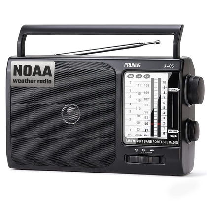 PRUNUS NOAA Weather Radio with telescopic antenna delivering strong reception for clear forecasts.