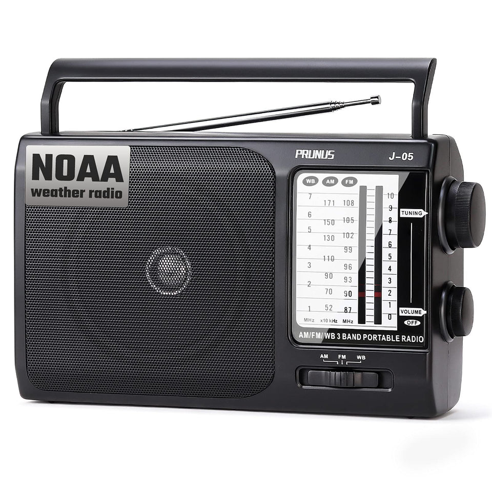 PRUNUS NOAA Weather Radio with telescopic antenna delivering strong reception for clear forecasts.